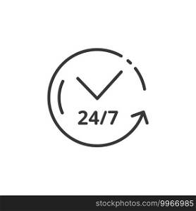 Clock thin line icon. 24/7 Assistance service. Isolated outline commerce vector illustration