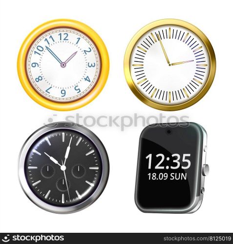 clock time alarm. hour watch. business timer. retro object. wall alert. wake bell. classic reminder vector, illustration, 3d, realistic, realism. clock hour watch set 3d realistic vector