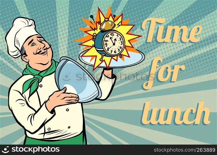 clock. time for lunch. chef with tray with lid. Comic cartoon pop art retro vector illustration drawing. clock. time for lunch. chef with tray with lid
