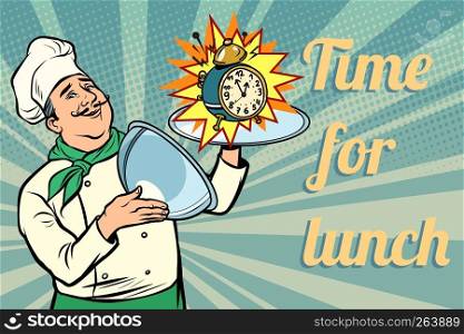 clock. time for lunch. chef with tray with lid. Comic cartoon pop art retro vector illustration drawing. clock. time for lunch. chef with tray with lid