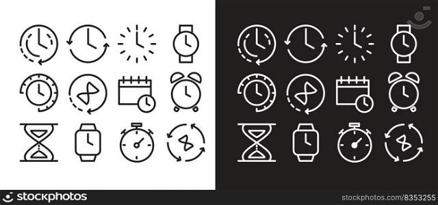 Clock time symbol vector icon set isolated on black and white backgrounds