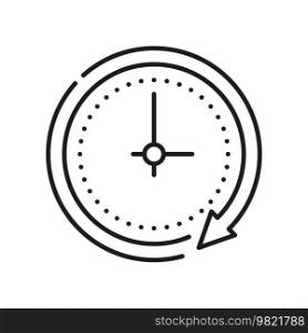 Clock timer outline icon, speed delivery sign. Vector round antique wall watch, time sign. Alarm stopwatch, watch face with dial. Black and white timepiece. Alarm stopwatch isolated clock timer outline icon