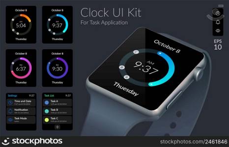 Clock UI design concept with different smartwatch screens and web elements for task application isolated vector illustration. Clock UI Design Concept