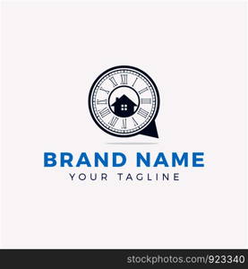 Clock with house logo design, Stop watch vector logo. Time and alarm vector icon.