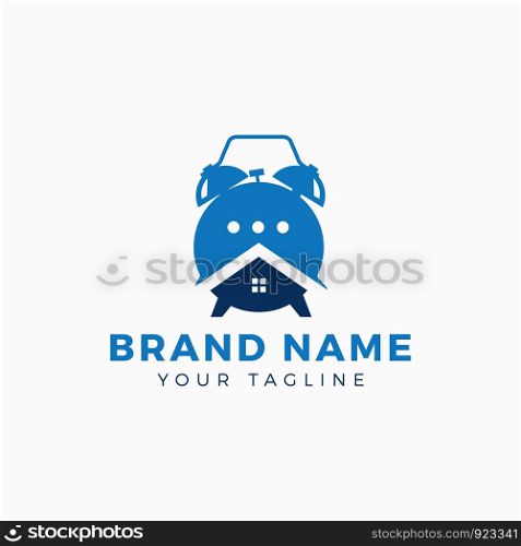 Clock with house logo design, Stop watch vector logo. Time and alarm vector icon.