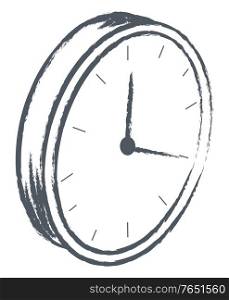 Clock with pointers and lines showing time. Isolated icon symbol of deadline. Watch monochrome sketch outline. Device showing hours, minutes and seconds. Colorless timer, vector in flat style. Clock Showing Time, Monochrome Sketch Outline