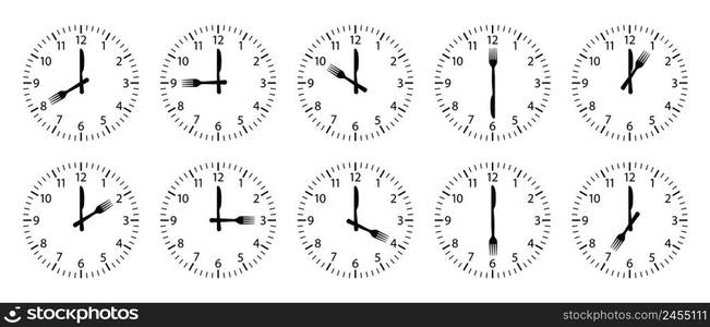 Clock with time breakfast. Clock with fork and knife. Food time icons isolated on white background. Breakfast, lunch, dinner on clocks. Logo for restaurant, kitchen and office. Vector.