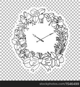 Clock wreath vector linear illustration. Winter hand drawn clipart. Black and white sticker on transparent background. Christmas, New Year decoration. Snowman coloring book isolated design element. Clock Wreath Sticker ornate illustration