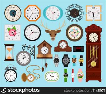 Clocks collection. Analog old and wooden wall clock and digital hands watch, hourglass and electronic stopwatch set vector illustration. Clocks icons collection