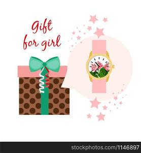 Clocks gift for girl. Digital hands pink watch and gift box, vector illustration. Watch gift for girl