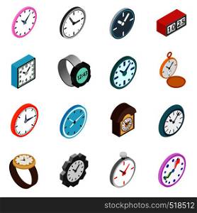 Clocks icons set in isometric 3d style isolated on white background. Clocks icons set, isometric 3d style