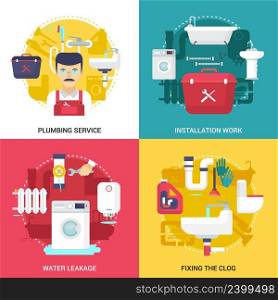 Clogged drains cleaning and installations plumbing service concept  4 flat icons square design abstract isolated vector illustration . Plumbing Service 4 Flat Icons Square 