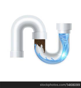 Clogged In Water Canalization Pipe Cleaning Vector. Clean Clogged Piping Waterway Service, Clog Blocked in Plastic Siphon. Repair, Renewal And Fix Sanitary Cleaner Layout Realistic 3d Illustration. Clogged In Water Canalization Pipe Cleaning Vector