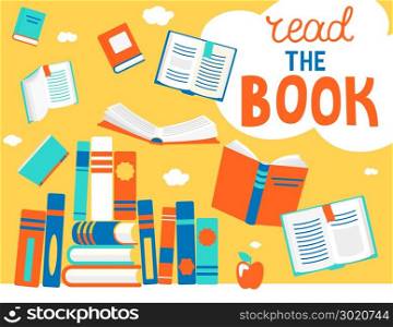 Close and open books in different positions with bubble read the book. Knowledge, learning, education, relax and enjoy concept design. Vector illustration in flat style.. Bubble read the book with books.