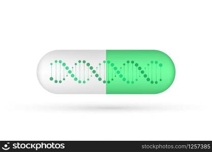 Close green capsule pill with dna molecule structure on white background. Vector stock illustration. Close green capsule pill with dna molecule structure on white background. Vector stock illustration.