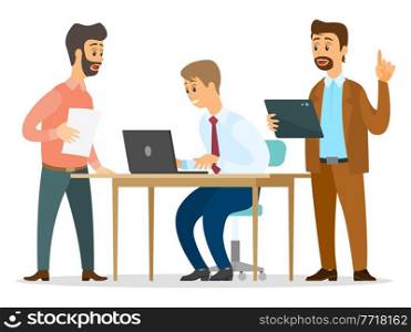Close-knit work of office workers or team. Guy working on laptop, male standing with paper sheet, man with tablet. Office overwork, making creative decisions, brainstorming. Financing creative project. Cohesive working team is working on creative ideas. Team overwork, ideas. Flat vector image