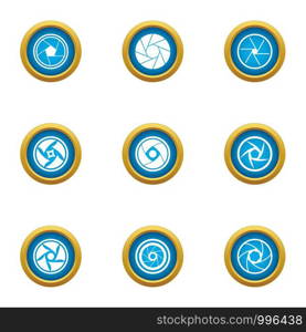 Close lens icons set. Flat set of 9 close lens vector icons for web isolated on white background. Close lens icons set, flat style
