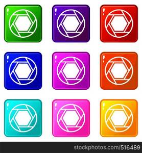 Close objective icons of 9 color set isolated vector illustration. Close objective set 9
