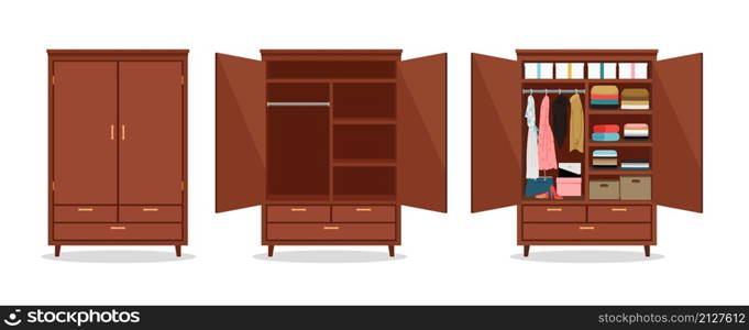 Close open wardrobe. Wardrobes with clothes and shoes, packaging boxes. Isolated wooden cupboard vector illustration. Close open wardrobe