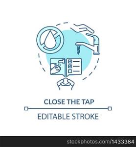 Close tap turquoise concept icon. Efficient water usage. Faucet leak. Environmental care. Resource saving idea thin line illustration. Vector isolated outline RGB color drawing. Editable stroke. Close tap turquoise concept icon