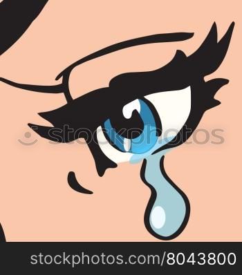 Close-up blue eyes, a woman crying, pop art retro vector illustration