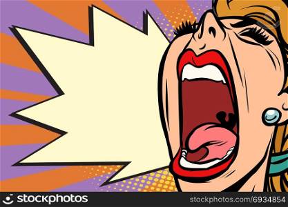 Close-up face pop art woman screaming rage. Comic book cartoon retro vector illustration drawing. Close-up face pop art woman screaming rage