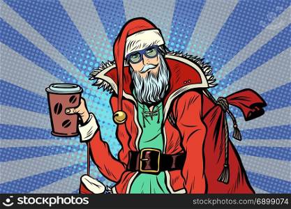 close-up Hipster Santa Claus with a Cup of coffee. Christmas holiday and New year. Pop art retro vector illustration. close-up Hipster Santa Claus with a Cup of coffee