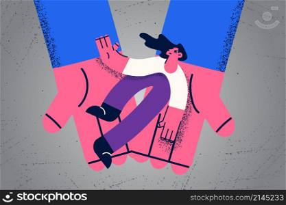 Close up huge hands hold woman victim give help or first aid. Person keep in arms unhappy stressed female suffering from depression or mental problem. Support and comfort. Vector illustration. . Huge hands hold injured woman victim