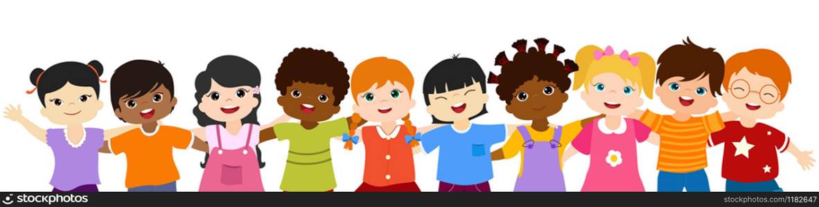 Close-up isolated group of happy and smiling multiethnic children hugging each other.Community or childhood with children of different culture. Multicultural kindergarten. Oneness. Peace. Friendship