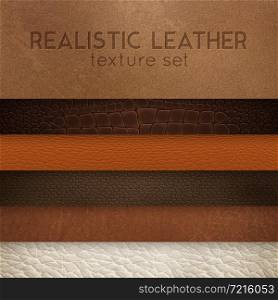 Close-up leather textures samples for furniture upholstery and interior design horizontal realistic stripes set vector illustration . Leather Texture Realistic Samples Set
