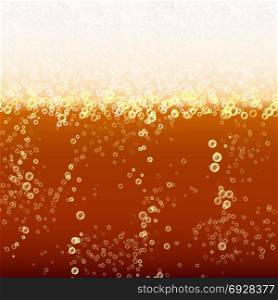 Close Up Light Beer With Foam And Bubbles. Vector Background. Fresh Beverage Beer Illustration. Beer Background Texture With Foam And Vubbles. Macro Of Frefreshing Beer.