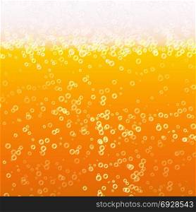 Close Up Light Beer With Foam And Bubbles. Vector Background. Fresh Beverage Beer Illustration. Beer Background Texture With Foam And Vubbles. Macro Of Frefreshing Beer.
