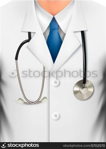 Close up of a doctors lab white coat and stethoscope. Vector illustration