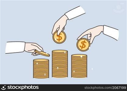 Close up of businesspeople put golden coins on stack make investment. Business people collect money engaged in deal or agreement. Bank loan or mortgage. Finances concept. Vector illustration. . Businesspeople put golden coins on stack