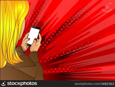 Close up of businesswoman holding her smartphone. Hand holding smart device - comic book style, cartoon vector illustration.