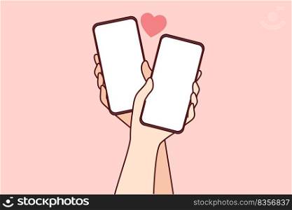 Close-up of couple hands holding cellphones with mockup screens texting online on gadgets. Man and woman with smartphones and internet communication. Vector illustration.. Couple hands with cellphones and internet dating
