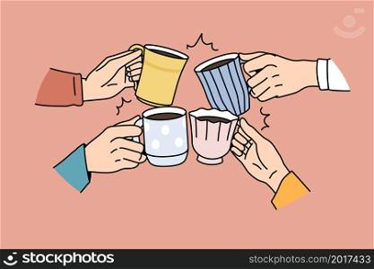 Close up of diverse friends cheers with mugs drink coffee together in morning. People cling cups enjoy tea ceremony, relax eating drinking beverages. Non alcoholic celebration. Vector illustration.. Friends cheers with mugs drink coffee together