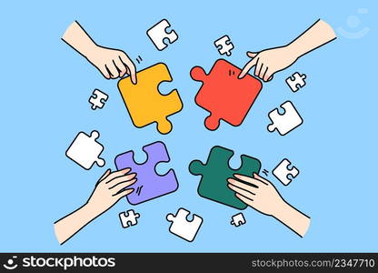 Close up of diverse people hands connect jigsaw involved in teambuilding activity together. Businesspeople or employees join puzzles participate in game. Teamwork. Vector illustration.. Diverse people connect jigsaw puzzles together 