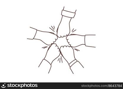 Close-up of diverse people join hands give fists bumps showing unity and support. Multiracial friend or colleagues engaged in teambuilding activity. Vector illustration. . Diverse people give team fists bump