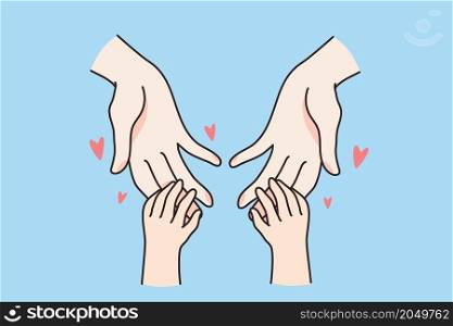 Close up of loving mother hold hands of small kid child show care and support. Little baby son or daughter united with mom feel grateful. Family bond and unity. Motherhood. Vector illustration. . Small kid hold mom hands show love and care