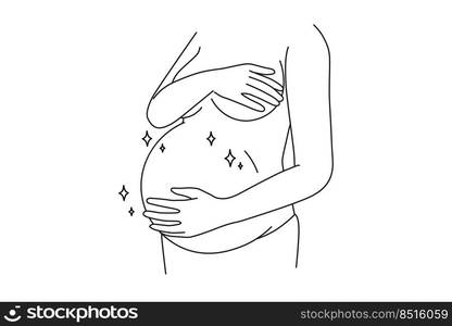 Close-up of naked woman touching pregnant belly ready for future maternity. Female excited with pregnancy. Motherhood and mom to be. Vector illustration. . Pregnant woman touching naked belly 