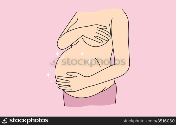 Close-up of naked woman touching pregnant belly ready for future maternity. Female excited with pregnancy. Motherhood and mom to be. Vector illustration.. Pregnant woman touching naked belly