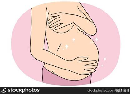 Close-up of naked woman touching pregnant belly ready for future maternity. Female excited with pregnancy. Motherhood and mom to be. Vector illustration.. Pregnant woman touching naked belly