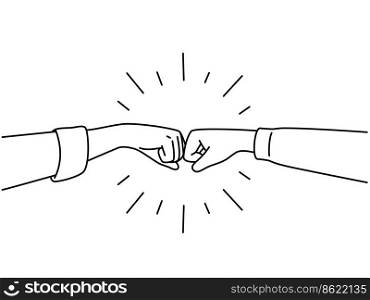 Close-up of people give fists bump greeting or getting acquainted. Businesspeople or colleagues make hand gesture celebrate shared win or victory. Vector illustration. . People give fists bump