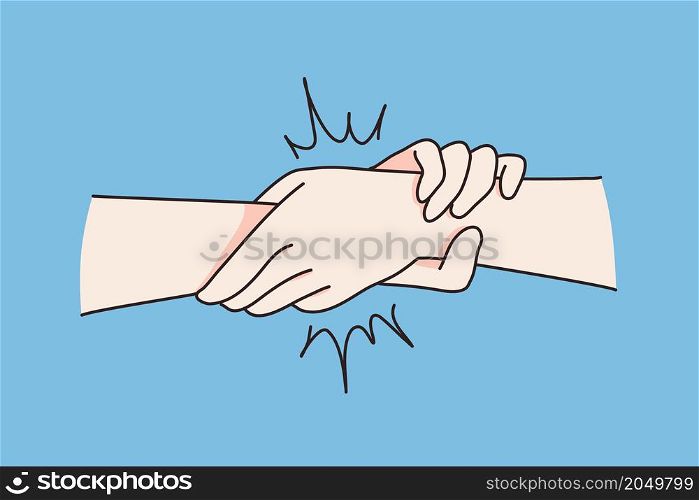 Close up of people hold join hands show strong bond and unity. Persons demonstrate support and help. Friendship and partnership. Togetherness concept. Flat vector illustration, cartoon character. . People hold join hands show bond