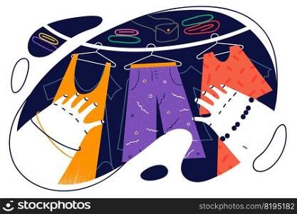 Close-up of person choosing clothes in wardrobe at home. Woman shopping for clothing in boutique or store. Consumerism and apparel. Vector illustration.. Person shopping for clothes in store