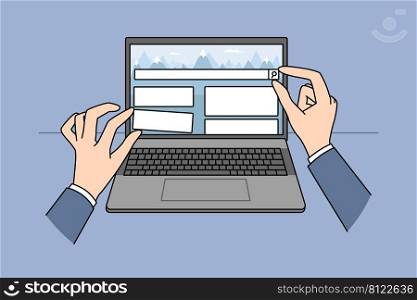 Close up of person hands move UI elements designing website on laptop. Web designer work create web page on computer. Technology and IT concept. Vector illustration. . Web designer create website on laptop 
