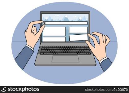 Close up of person hands move UI elements designing website on laptop. Web designer work create web page on computer. Technology and IT concept. Vector illustration.. Web designer create website on laptop