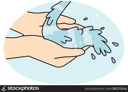 Close-up of person hands with clean water. Man or woman palms washing under clear tap or stream water. Vector illustration. . Vector illustration. Person hands with clean water