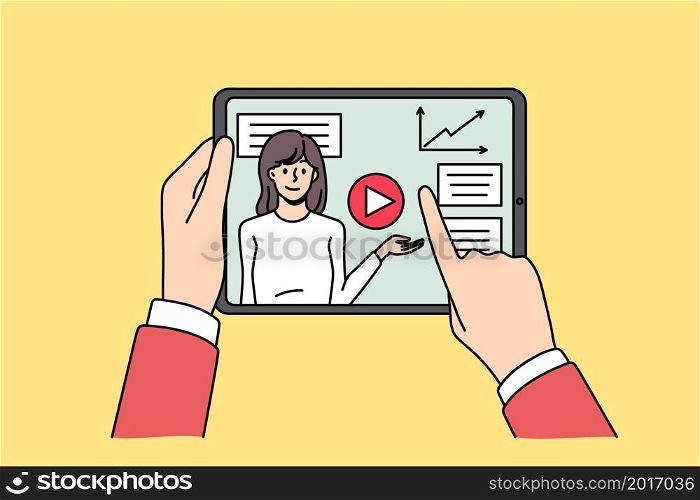 Close up of person hold tablet watch financial educational webinar on gadget online. Man use pad device enjoy tutorial or training on internet. Remote education concept. Vector illustration. . Person watch webinar on tablet gadget